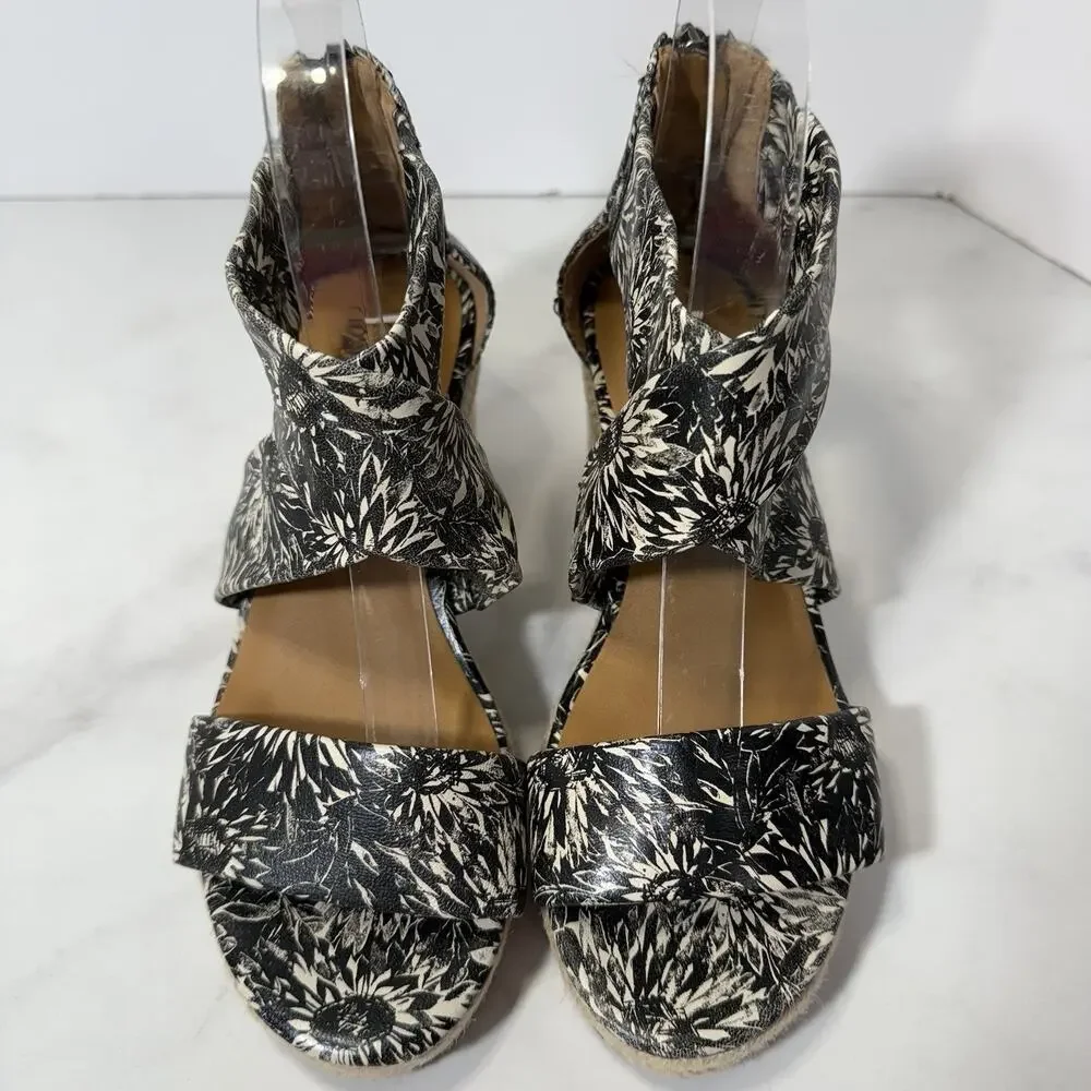 PATRICIA NASH Rubia Jute Wedge Sandal Size 6.5M Black Floral Leather Strappy EUC